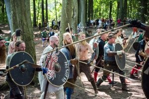 Vikings fighting at the Moesgård Viking Moot in Aarhus