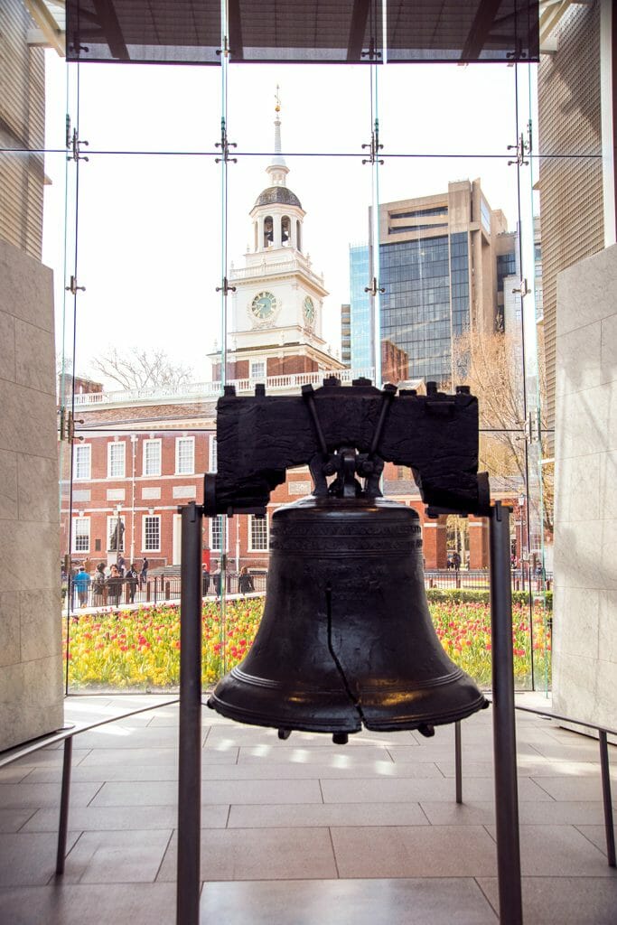Liberty Bell with tulips in the spring