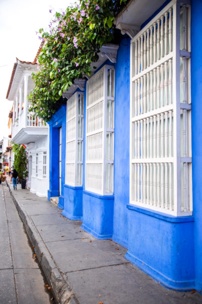Historic blue houses in old city Cartagena