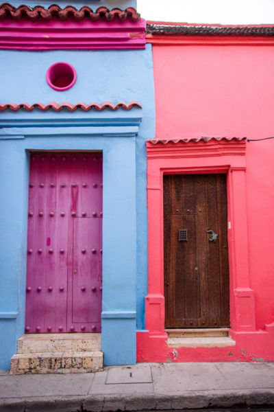 Blue and pink houses in old city Cartagena