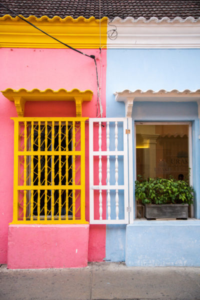 Blue and pink houses in old city Cartagena