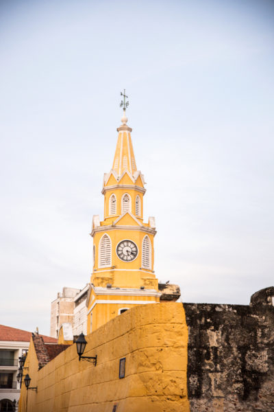 Yellow clock tower in Cartagena