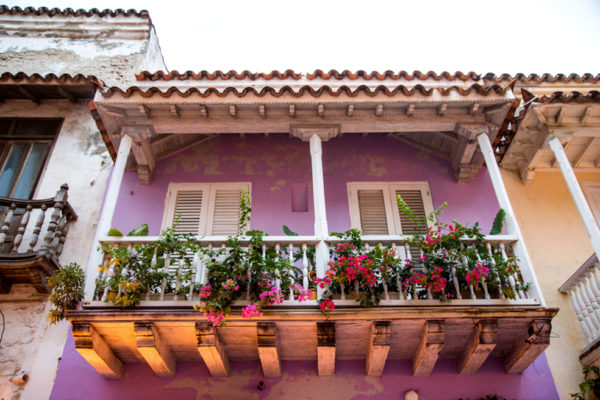Historic purple houses in old city Cartagena