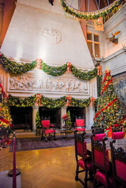 Grand hall decorated for Christmas in the Biltmore