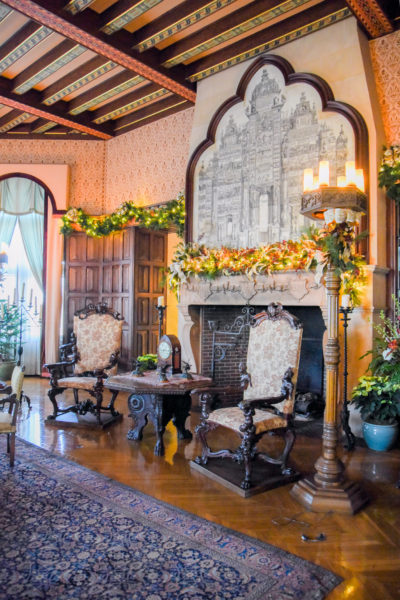Living room decorated for Christmas in the Biltmore