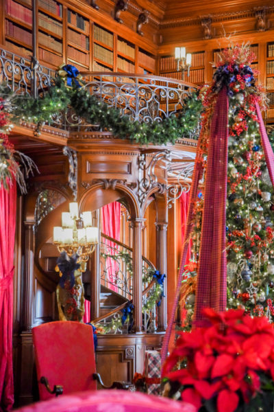 Library decorated for Christmas in the Biltmore
