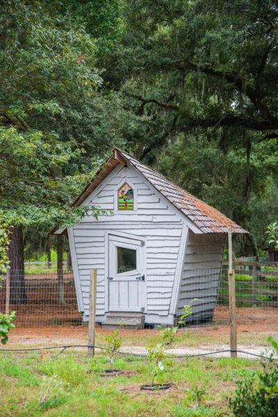 Grey building with stained glass rooster window at Daufuskie Island Community Farm
