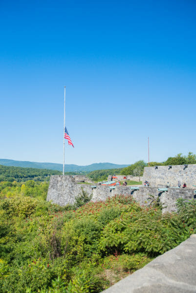 Fort Ticonderoga wall with flag at half mast