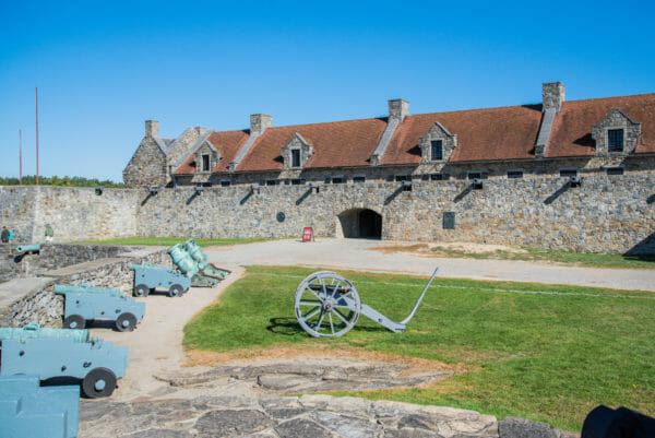 Interior of Fort Ticonderoga with stone wall and cannons
