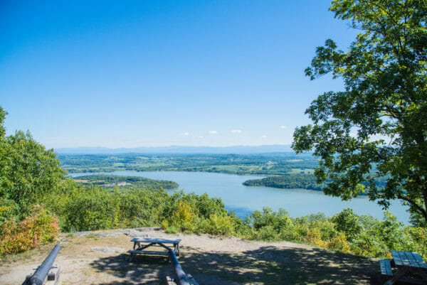 View of Fort Ticonderoga and Lake Champlain surrounded by trees
