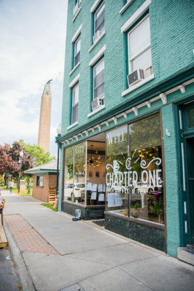 Chapter One cafe in Plattsburgh, NY with blue brick walls