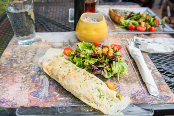 Crepe and salad on plate at Quiche et Crepe in Plattsburgh, NY