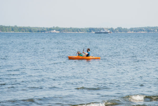 Man with husky in an orange kayak on Lake Champlain