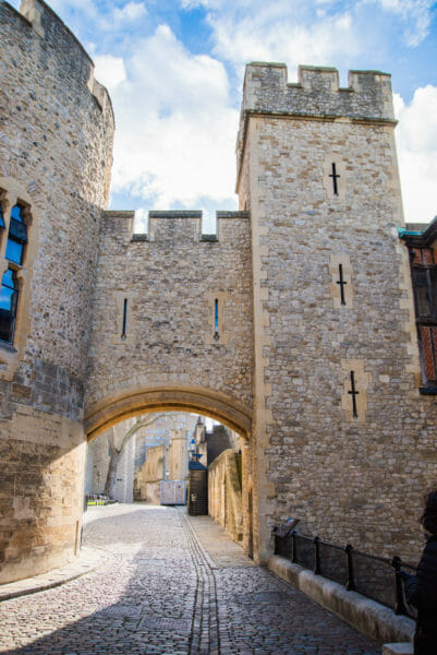 Stone towers connected by an archway at the Tower of London
