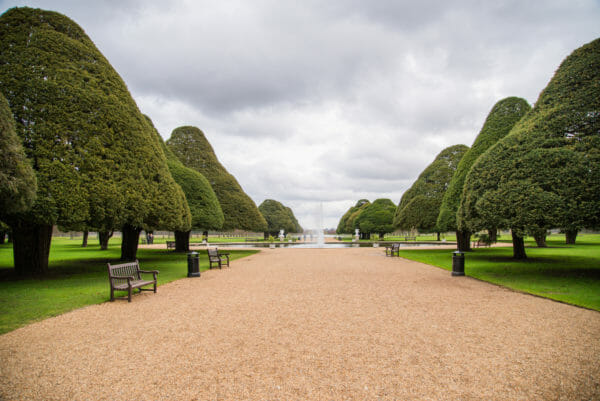 Hampton Court garden with fountain and large trees