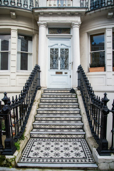 Decorative black and white tiles on steps