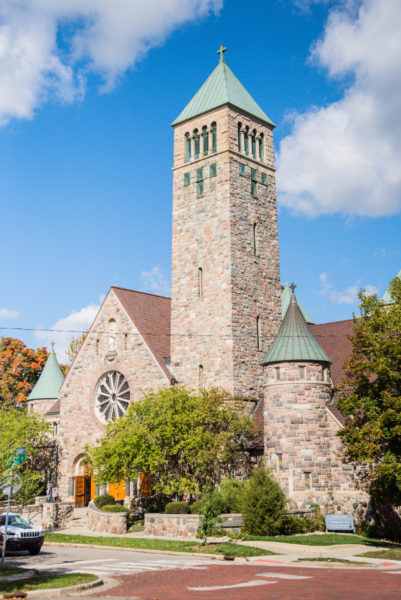 Stone church with tower in Ann Arbor, Michigan
