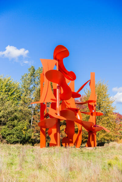 Large abstract orange statue at Meijer Gardens