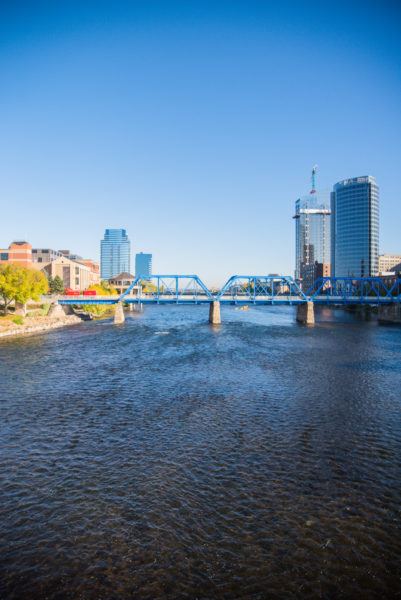 Skyline and river in Grand Rapids, MI