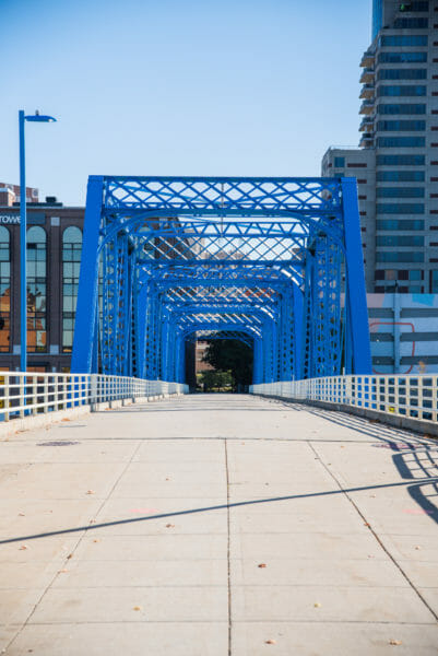 Blue pedestrian bridge in Grand Rapids, MI
