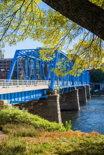 Blue pedestrian bridge in Grand Rapids, MI