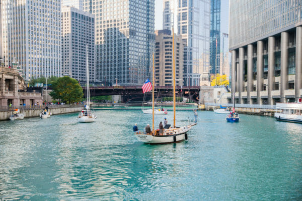 Sailboats on river in Chicago