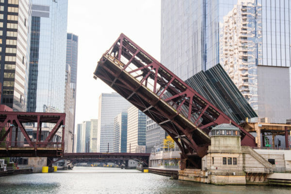 Bridge opening on river in Chicago