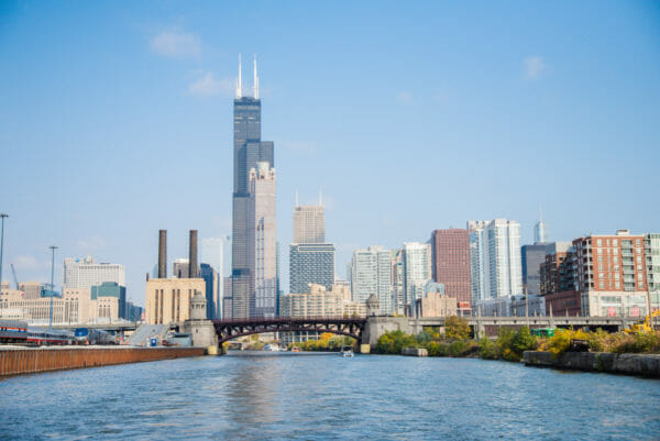 Skyscrapers on river in Chicago