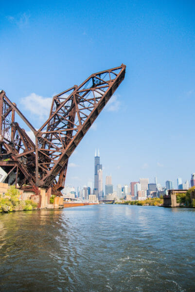 Chicago skyline behind bridge