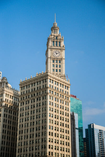 White clock tower in Chicago