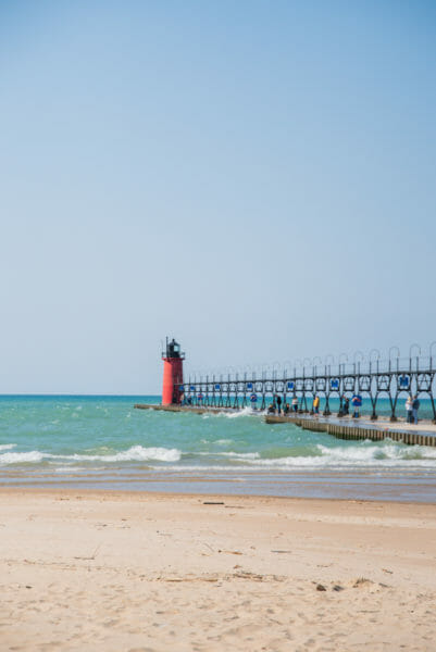 Pier with red lighthouse in South Haven, Michigan