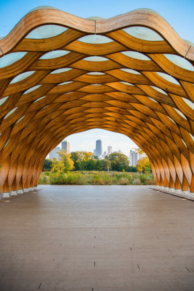 Chicago skyline through East Gate Arch in Lincoln Park in Chicago