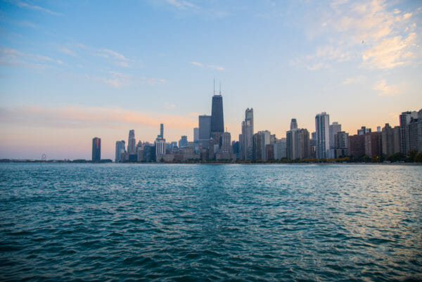 Chicago skyline at sunset from North Avenue Beach