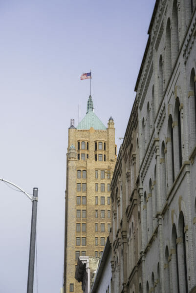 Historic tower with flag in Milwaukee