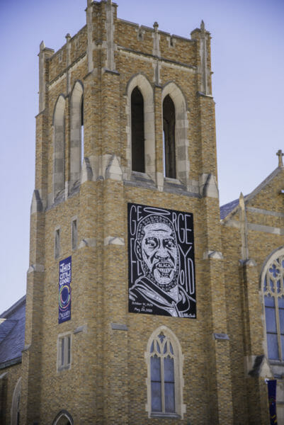 Church with George Floyd poster