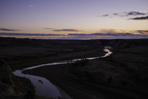 Sunset over river in Theodore Roosevelt National Park
