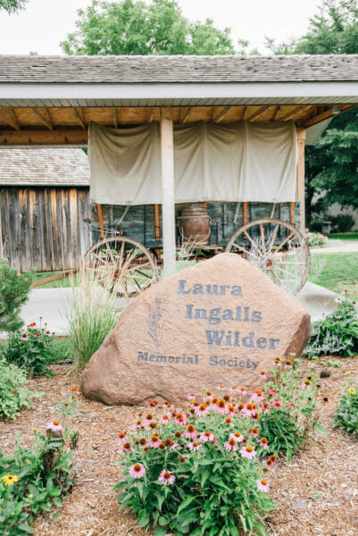 Laura Ingalls Wilder memorial society plaque and covered wagon