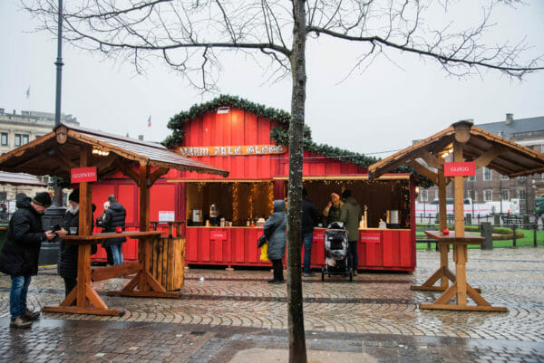 Red kiosk at Christmas market