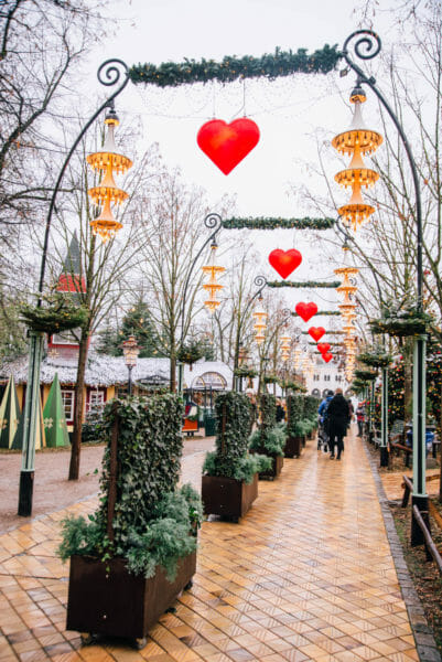 Walkway decorated for Christmas with hearts