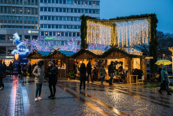 Malmo decorated with Christmas lights at night