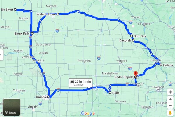 Map of a road trip path around Iowa